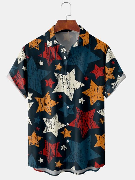 

Men's Retro Geometric Pentagram Print Casual Breathable Short Sleeve Shirt, Blue, Men's Floral shirt