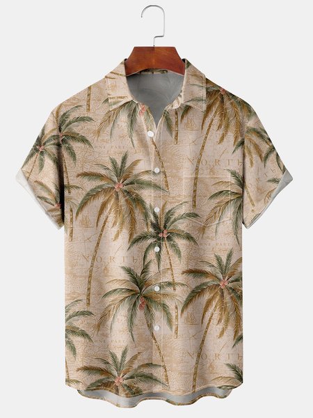 

Resort Style Hawaiian Series Botanical Coconut Tree Element Pattern Lapel Short-Sleeved Chest Pocket Shirt Printed Top, Deep khaki, Shirts ＆ Blouse