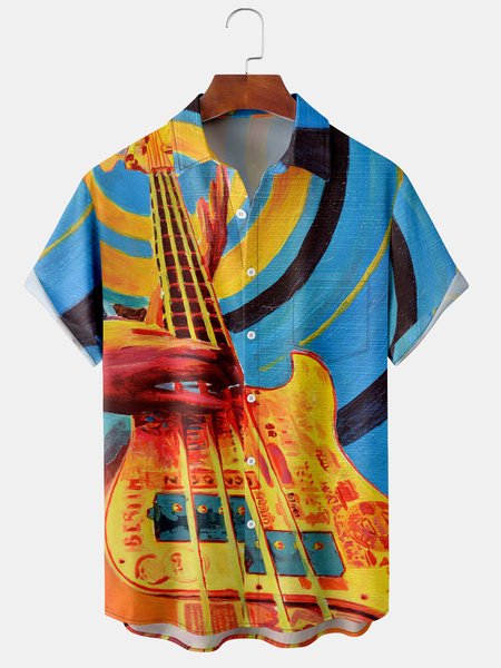 

Men's Music Print Casual Breathable Hawaiian Short Sleeve Shirt, Blue, Men's Floral shirt