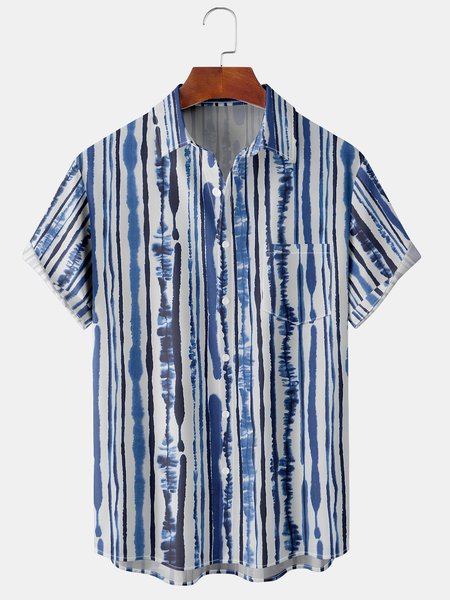 

Mens Striped Front Buttons Soft Breathable Chest Pocket Casual Hawaiian Shirts, Blue, Men's Floral shirt