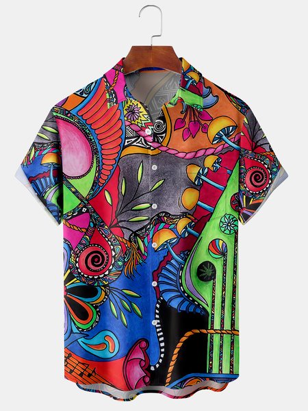 

Men's Hippie Print Casual Breathable Hawaiian Short Sleeve Shirt, Red, Men's Floral shirt