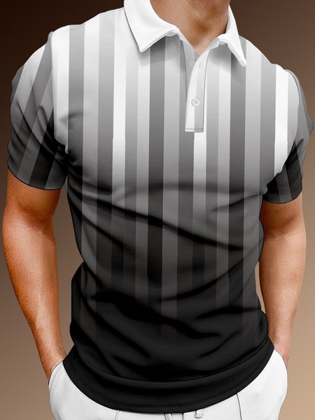 

Casual Art Collection Gradient Striped Geometric Pattern Lapel Short Sleeve Polo Print Top, Black, Polo Shirts