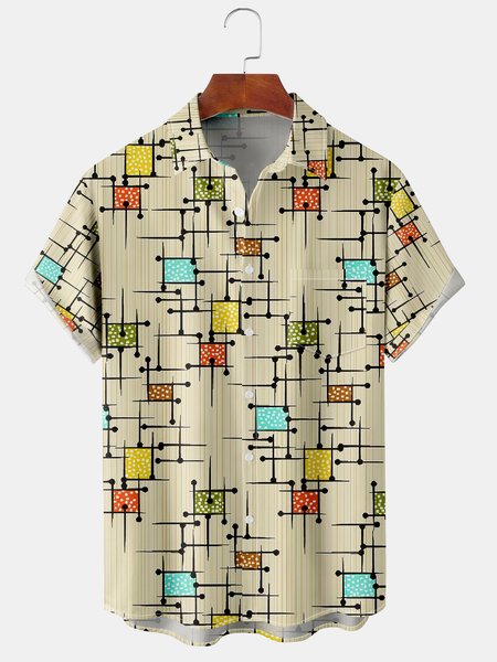 

Mens Geo Print Front Buttons Soft Breathable Chest Pocket Casual Aloha Shirts, Khaki, Men's Floral shirt