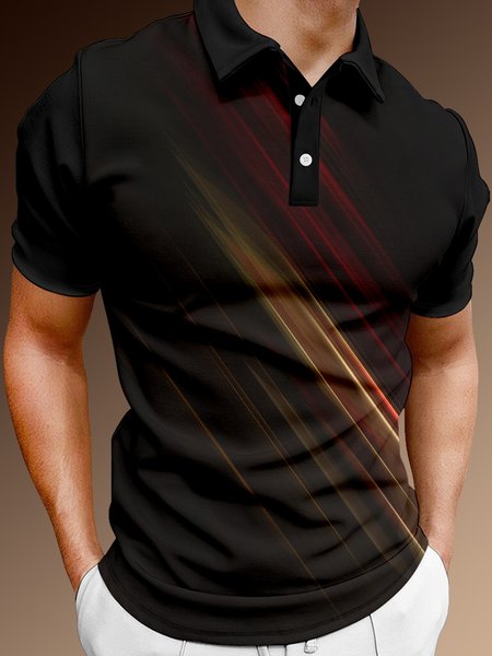 

Casual Art Collection Gradient Striped Geometric Pattern Lapel Short Sleeve Polo Print Top, Black, Polo Shirts