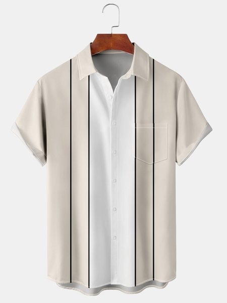

Mens Striped Front Buttons Bowling Short Sleeve Shirt Chest Pocket Casual Top, Khaki, Short Sleeve Shirts