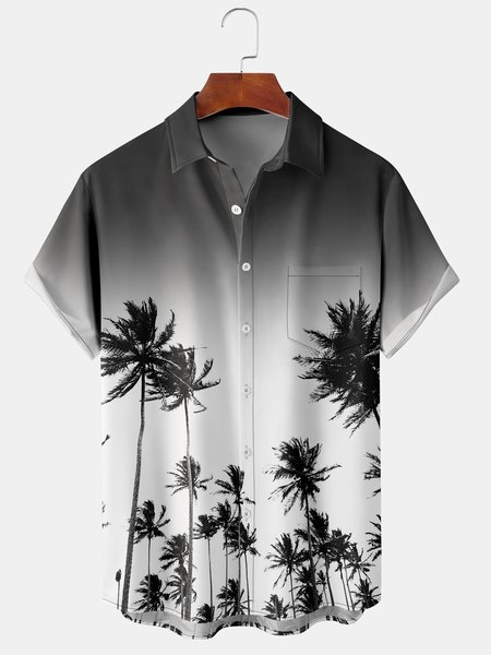 

Holiday Style Hawaii Series Gradient Plant Coconut Tree Element Pattern Lapel Short-Sleeved Chest Pocket Shirt Printed Top, Deep gray, Men's Floral shirt
