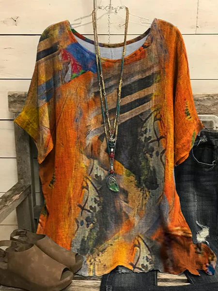 

JFN Crew Neck Casual Abstract Vintage Loose Top, Multicolor, Shirts & Blouses