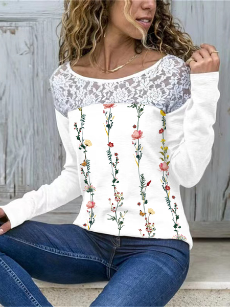 

Casual Floral Crew Neck T-Shirt, White, T-Shirts