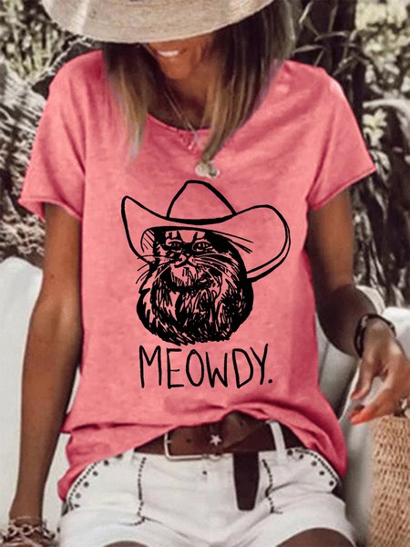

Women Meowdy Funny Cowboy Hat Cat Loose Crew Neck T-Shirt, Pink, T-shirts