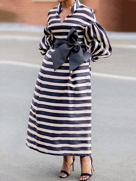 

Urban Stand Collar Fit Striped Maxi Dress, Black, Maxi Dresses