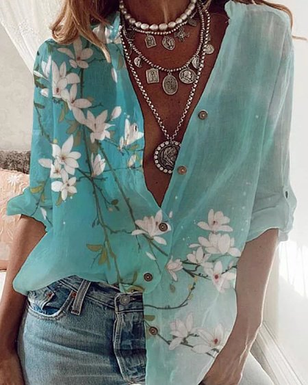 

Floral Loose Shirt Collar Blouse, Lightgreen, Shirts & Blouses