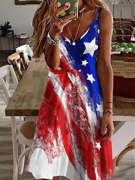 

Womens V Neck America Flag Dress, As picture, Dresses