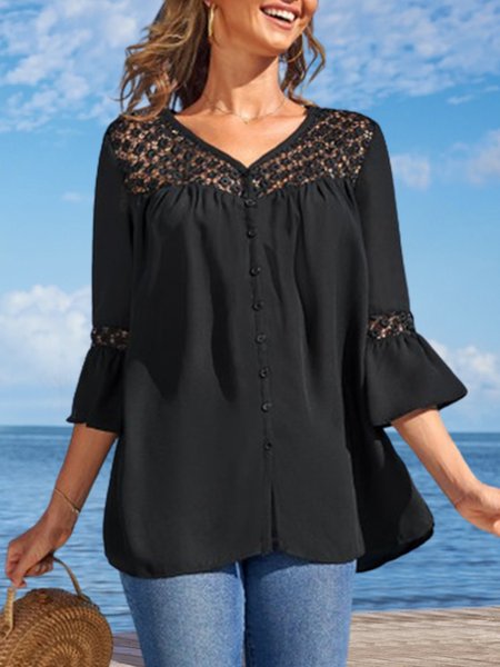 

Plain Loose V Neck Blouse, Black, Shirts & Blouses