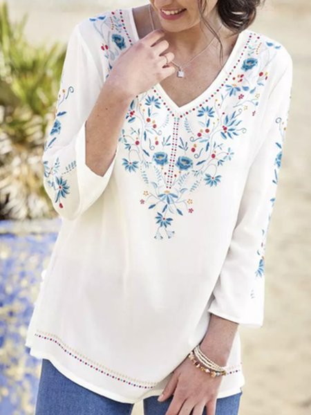 

Crew Neck Cotton Casual Sunflower T-Shirt, White, Tops