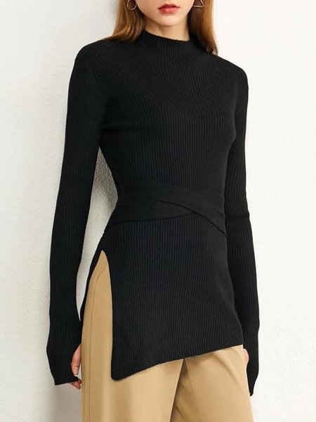 

Urban Crew Neck Simple Plain Split Sweater, Black, Pullovers