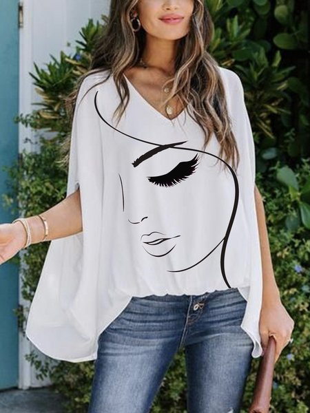 

Simple V Neck Loosen Top, White, Blouses and Shirts