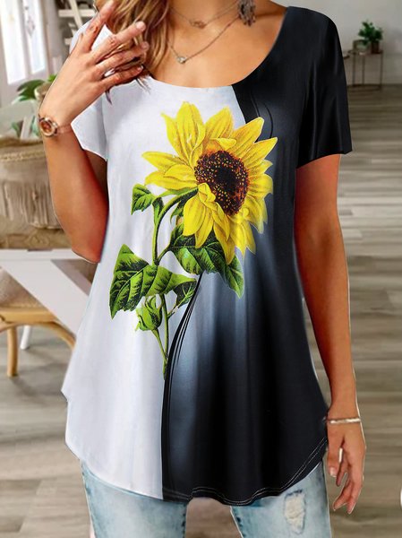 

Contrasting Sunflower Knit Crew Neck T-Shirt, Black, Shirts & Blouses
