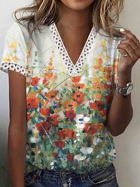 

V Neck Vacation Loose T-Shirt, Multicolor, T-Shirts