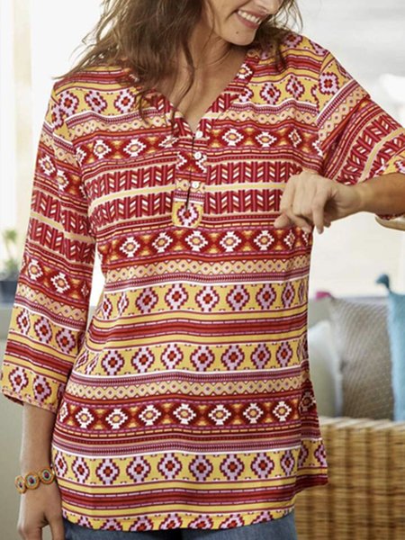 

V Neck Ethnic Vacation Blouse, Multicolor, Blouses & Shirts