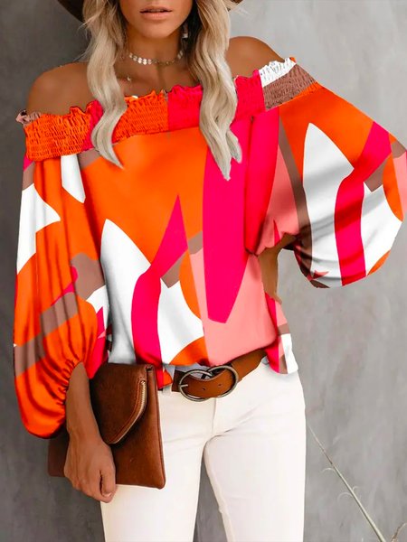 

Vacation Colorblock Boat Neck Loose Long Sleeve Top, Multicolor, Blouses and Shirts