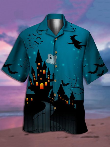 

Men's Halloween Printed Casual Fabric Lapel Short Sleeve Hawaiian Shirt, Blue, Men's Floral shirt