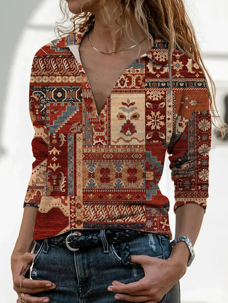 

Casual Ethnic Shawl Collar T-Shirt, Multicolor, Shirts & Blouses