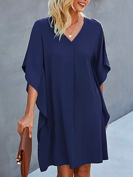 

V Neck Plain Simple Loose Prom Dress, Blue, Dresses