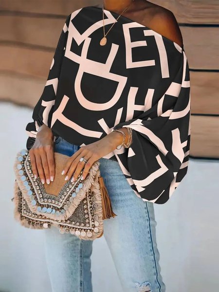 

Urban Cold Shoulder Loose Long Sleeve Text Letters Top, Black, Tops
