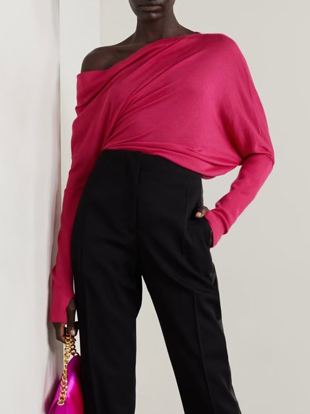 

Daily Rose Red Long sleeve Acrylic One Shoulder Fit Sweater, Tees