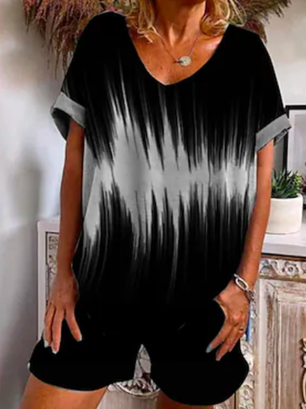 

V Neck Loose Simple Color Block Two Piece Sets, Black, Suit Set