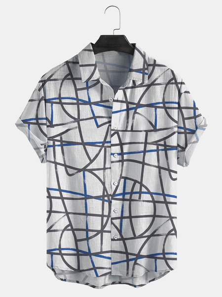 

Cotton and linen style American casual basic all-match geometric striped linen shirt, As picture, Men's Floral shirt