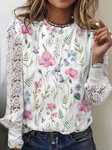 

Lace Lantern Sleeve Casual Crew Neck Tops, White, Tops