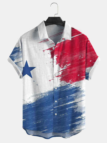 

Cotton Linen Style American Casual Basic Versatile American Flag Linen Shirt, As picture, Men's Floral shirt