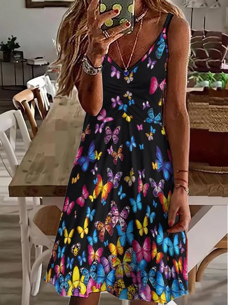 

Womens Butterfly Casual V Neck Dress, As picture, Dresses