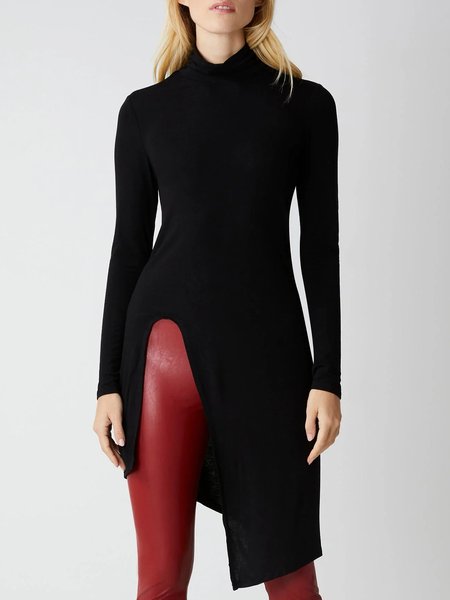 Urban Half Turtleneck Plain Long Sleeve Split Sweater, Black, Pullovers
