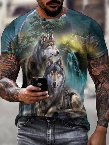 Men Wolf Crew Neck Casual T-Shirt, As picture, T-shirts