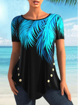 

Loose Cotton-Blend Casual Leaf T-Shirt, Multicolor, T-Shirts