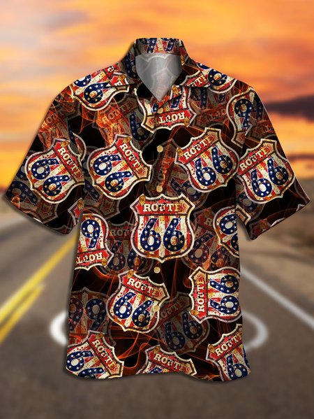 

Men's Fire Badge Print Casual Breathable Hawaiian Short Sleeve Shirt, Black, Men's Floral shirt