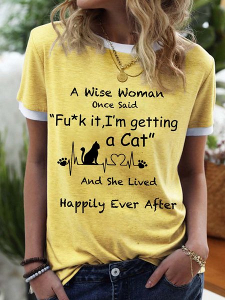 

Woman Cat Letters Printing Casual Crew Neck T-Shirt, Yellow, T-shirts