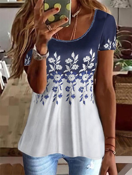 

Round Neck Knitted Short-sleeve T-shirt With Contrasting Floral Design, Blue, T-Shirts