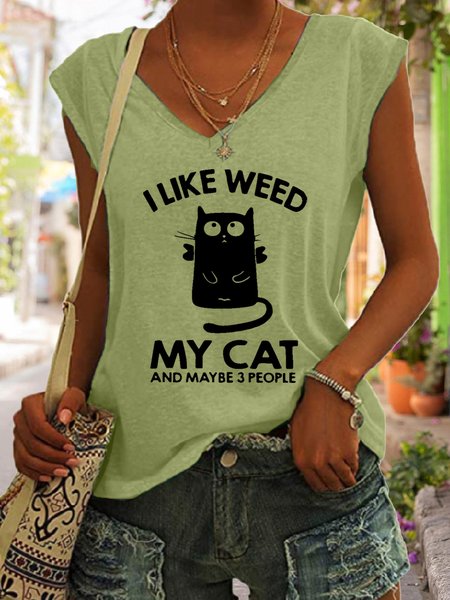 

Women Funny Cat Lover I Like Weed My Cat And Maybe 3 People Cotton-Blend Tanks & Camis, Green, Tank Tops