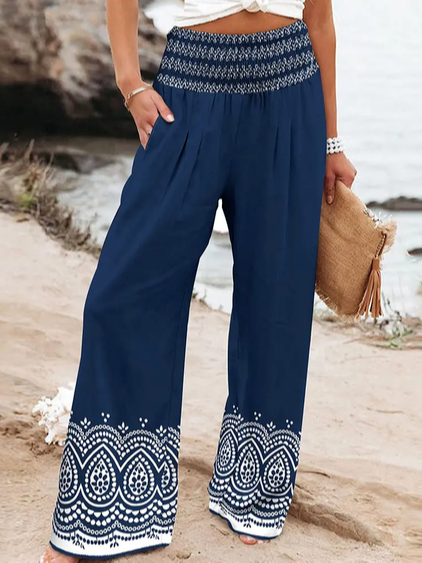 

Ethnic Loose Cotton-Blend Casual Pants, Blue, Pants