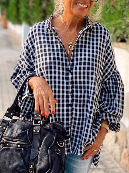 

Lantern Sleeve Plaid Casual Tops, Black-white, Blouses & Shirts