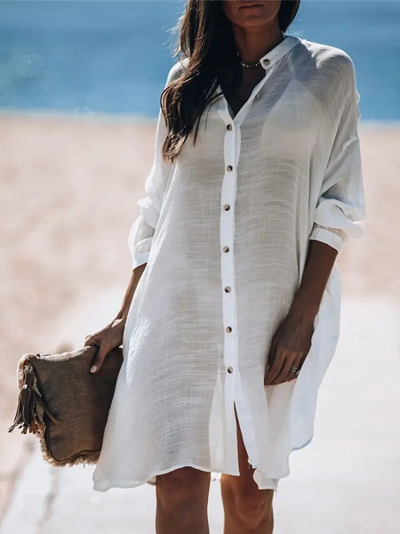 

Casual Long Sleeve Button Front Cover Up, White, Mini Dresses