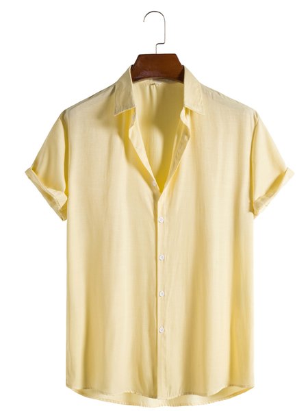 

Men's Solid Color Special Short Sleeve Fabric Dark Check Lapel Shirt, Yellow, Shirts ＆ Blouse