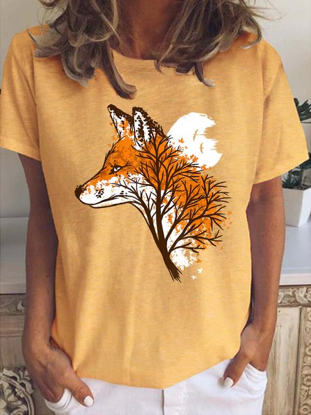 

Fox With Tree Print Women's Loose T-Shirt, Yellow, T-shirts