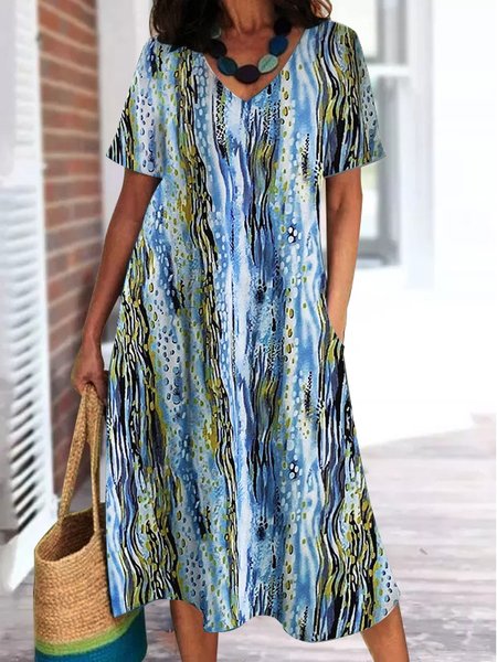 

Casual Colorful Line Design V-Neck Loose Dress, Blue, Dresses