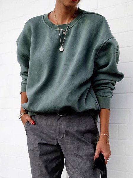

Plain Casual Crew Neck Loose Simple Sweatshirt, Green, Hoodies and Sweatshirts