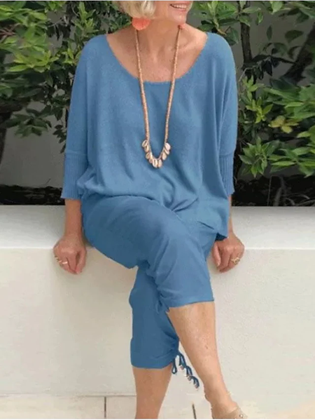 

Casual Plain Regular Fit Crew Neck Two Piece Sets, Blue, Suit Set