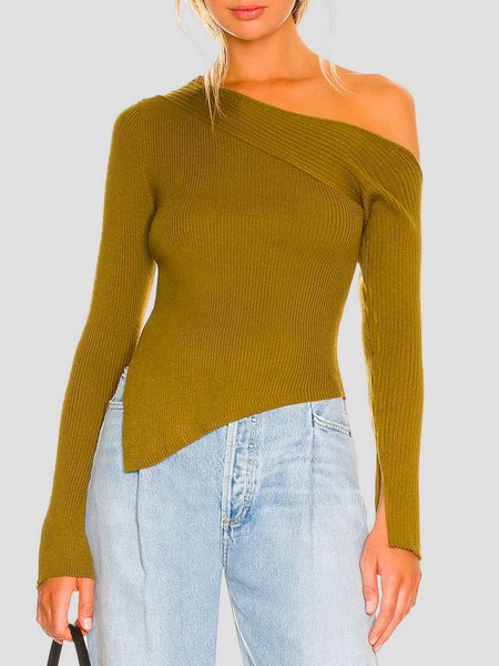 

Urban Cold Shoulder Split Basic Long Sleeve Sweater, As picture, Pullovers